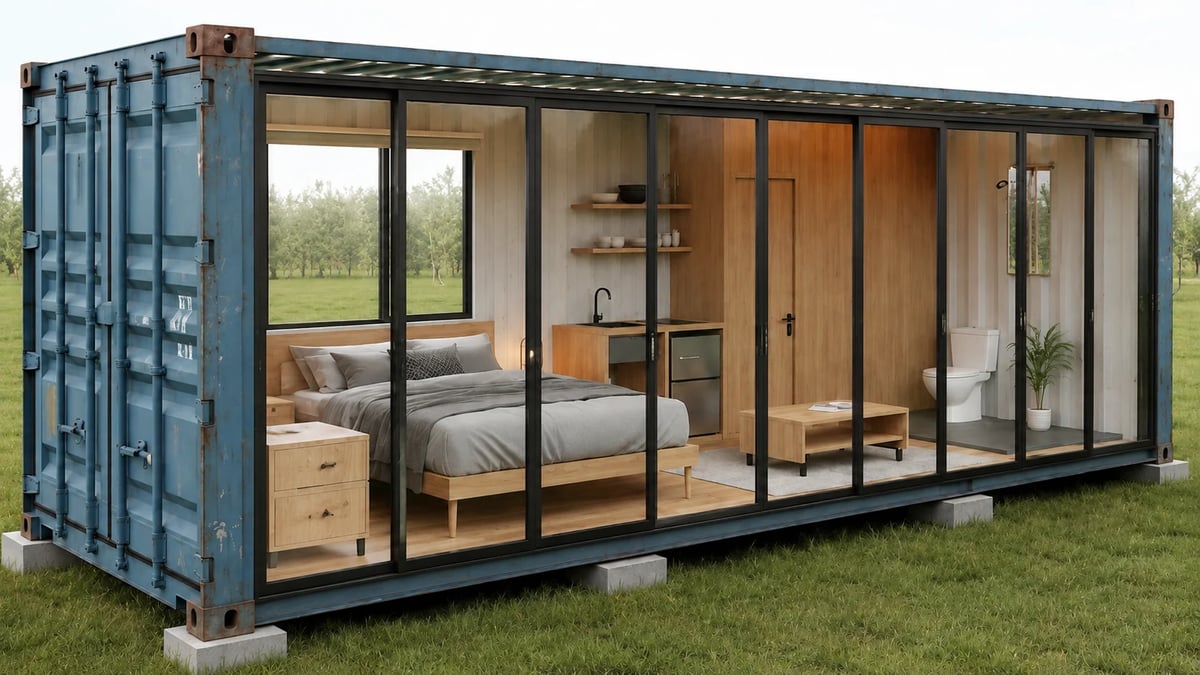 Modern shipping container home with large open retractable glass doors, wooden interior featuring bedroom and bathroom areas, situated on grass field