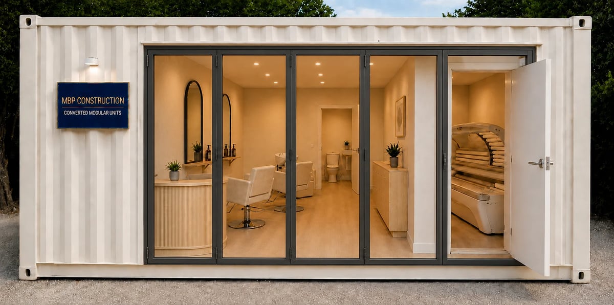 Modern shipping container conversion into a luxury bathroom and bedroom space with floor-to-ceiling windows and warm interior lighting, MBP Construction sign on the left