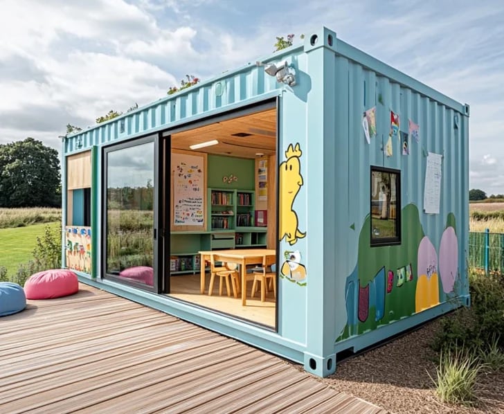 Converted shipping container playhouse with colorful exterior, large windows, and wooden deck