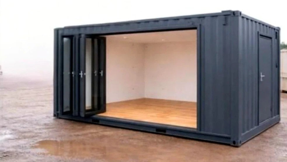 Modern dark gray shipping container converted into a small room or studio space with glass sliding doors and wooden interior flooring