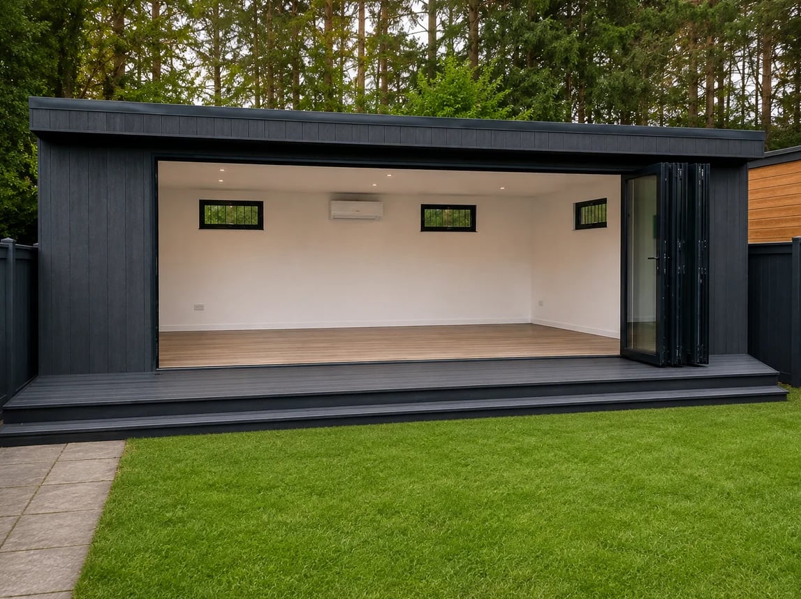 Modern garden studio with black exterior, open bifold doors, wooden interior, and green lawn in front