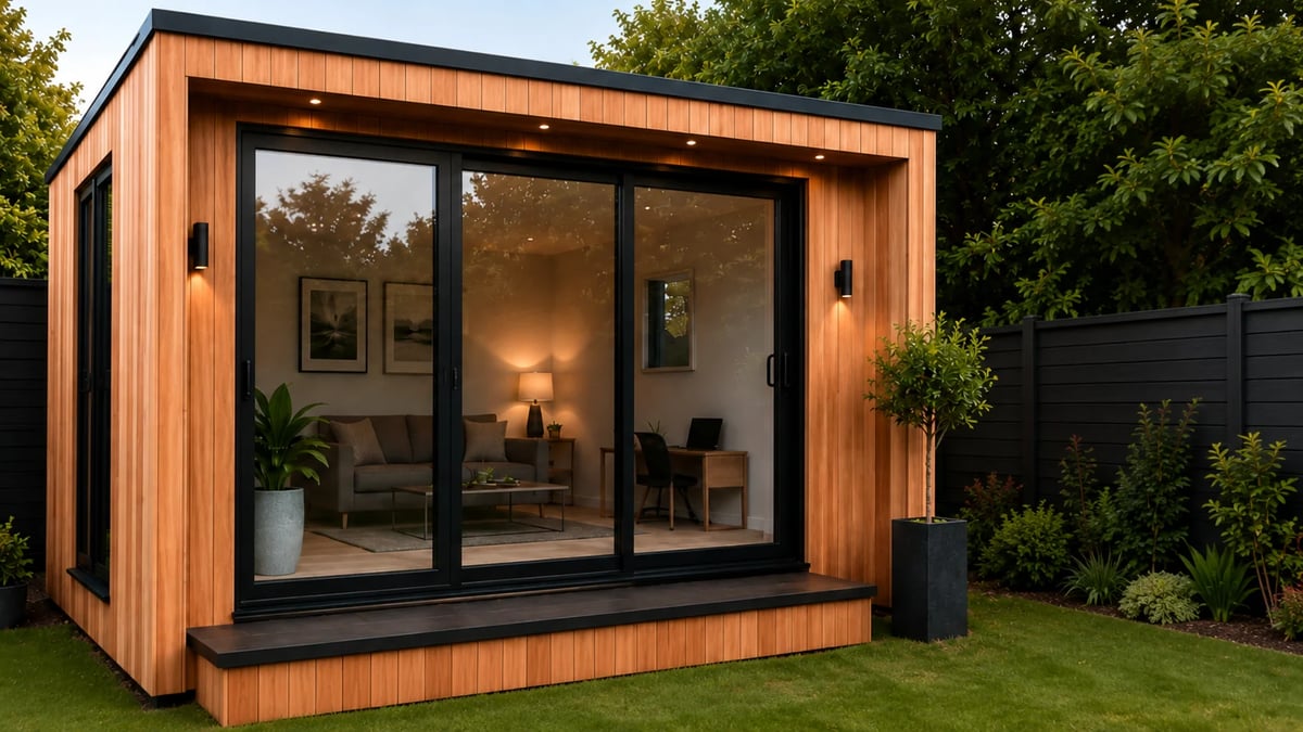 Completed modular garden room with large black-framed glazed doors, timber decking and interior furnishings, installed in a residential garden