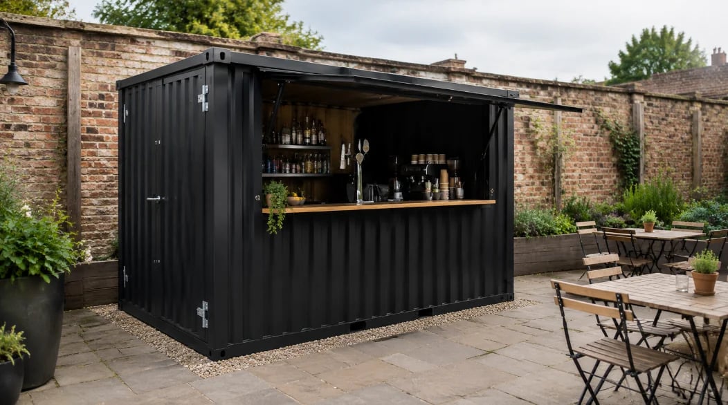 Black metal shipping container bar with open window, shelves of bottles, tables and chairs in brick-walled courtyard patio area