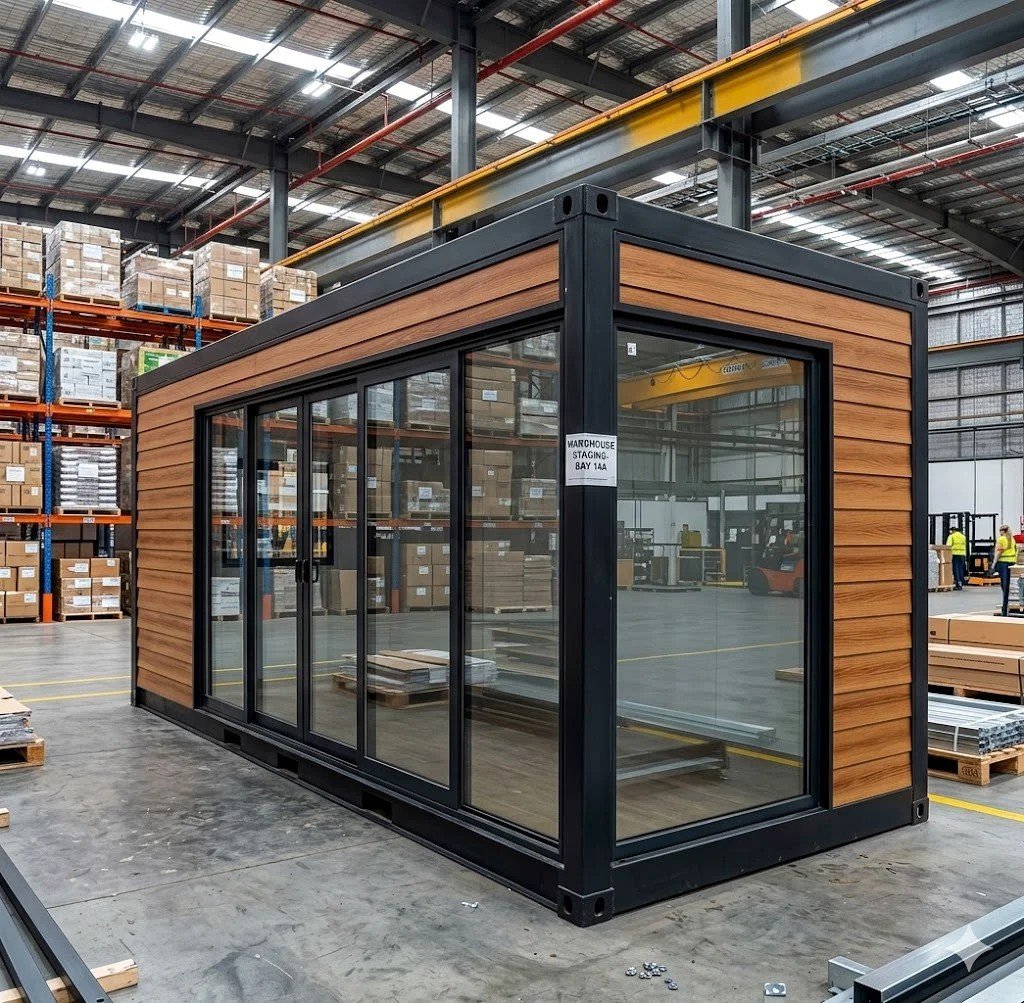 Modern modular office or portable building with wood paneling and glass windows in an industrial warehouse setting