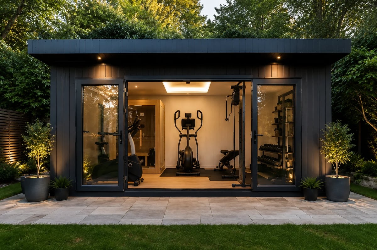 Modern black garden gym studio with large glass doors, exercise equipment visible inside, lit by warm lighting at dusk surrounded by greenery
